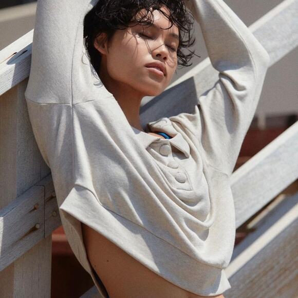 Lesjour! Heathered Oatmeal The Henley Ecovera Button Collar Long Sleeve Polo Top - Picture 1 of 11